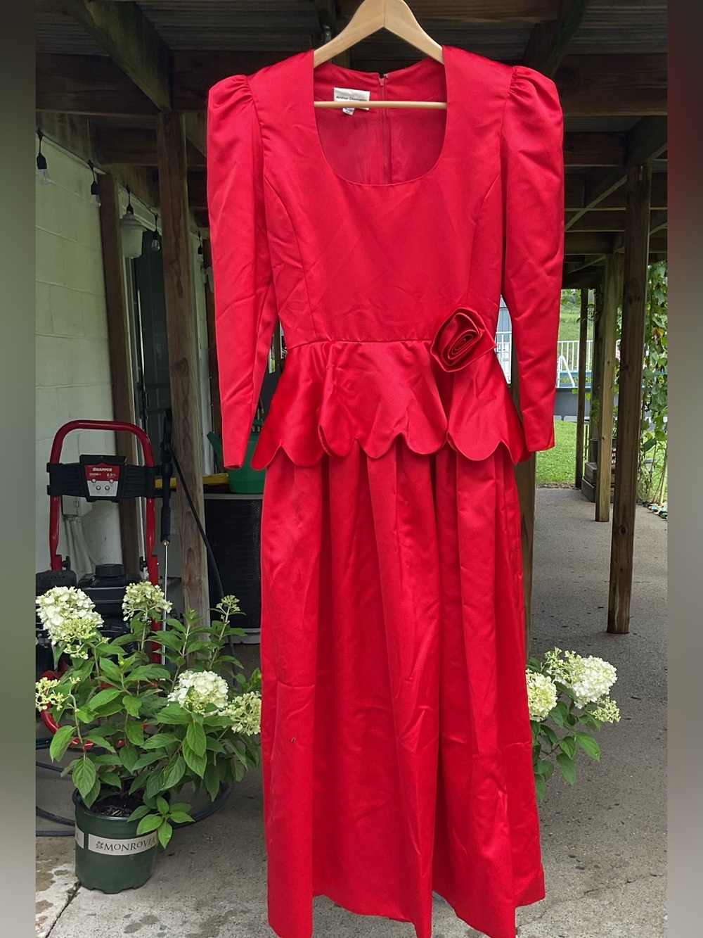 Vintage 80s Arthur Doucette Red Satin Homecoming Formal Gown Peplum Rose